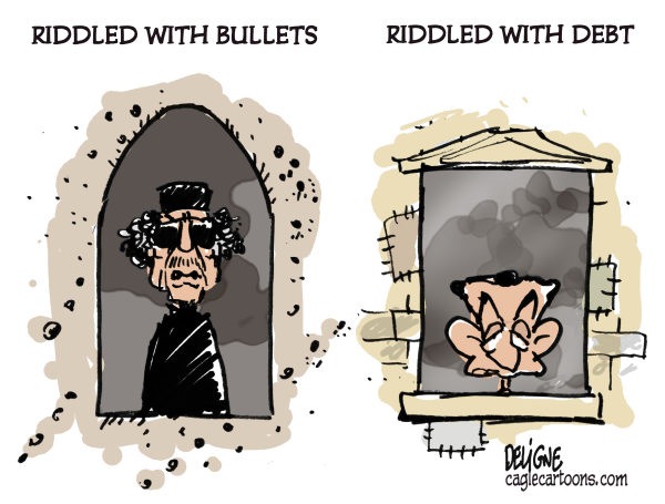Каддафи: Пронзен пулями. Николя Саркози: Пронзен долгами