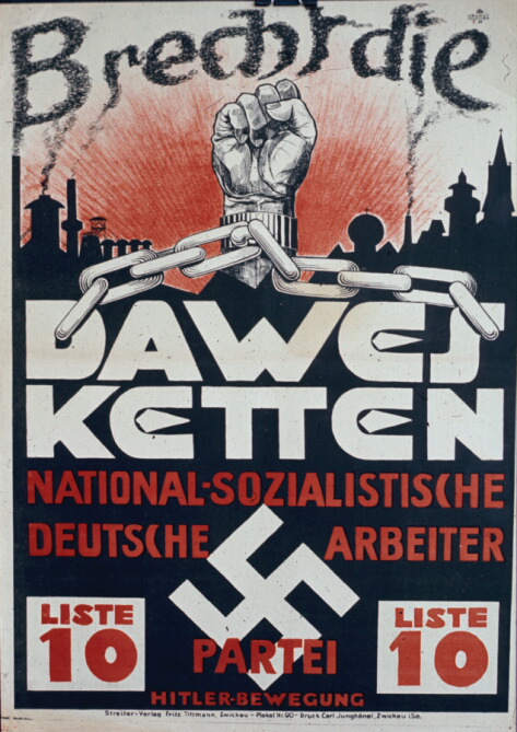 Этот плакат 1929 года посвящен репарациям, которые выплачивает Германия. Разорвем оковы Дауэса (имеется в виду план Дауэса - порядок выплаты репараций, принятый в 1924 году). По этому же плану Германия получала крупный заем. План был предельно мягким по отношению к Германии, но нацисты были против выплаты любых репараций вообще.