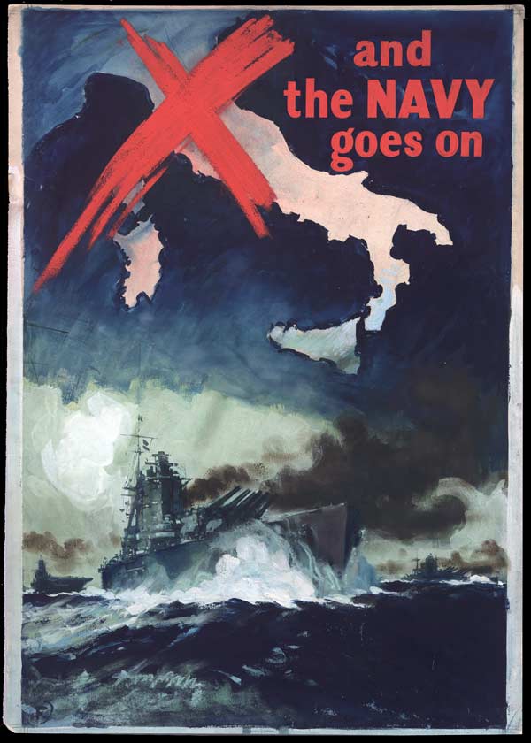 Перечеркнутая Италия означает, позволяет предположить, что плакат вышел в 1943 году, после того, как Италия вышла из войны. Средиземное море теперь принадлежит британскому флоту