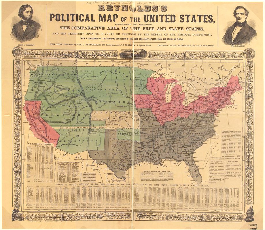 Политическая карта США перед войной - красным выделены свободные штаты, зеленым - территории, которым предстоит стать штатами, или свободными или рабовладельческими