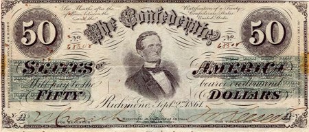 50 долларов. На купюре изображен президент Конфедерации Джефферсон Дэвис.