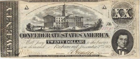 20 долларов. На купюре - Капитолий в Нэшвилле, штат Теннесси и портрет вице-президента Конфедерации Александра Стивенса.