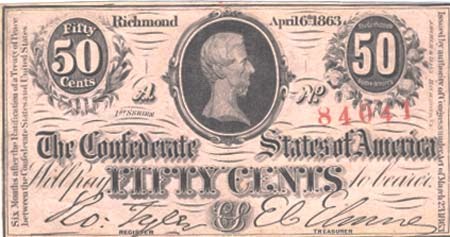 50 центов. Изображен бюст президента Конфедерации Джефферсона Дэвиса. О том, почему на Юге бумажными были даже центы мы рассказывали в предыдущей публикации.