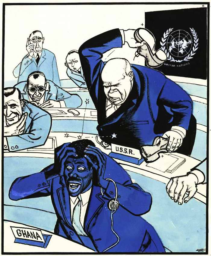 Советский лидер Никита Хрущев стучит ботинком по столу во время заседания 15-й ассамблеи ООН в целях срыва обсуждения венгерского вопроса (1960 год)