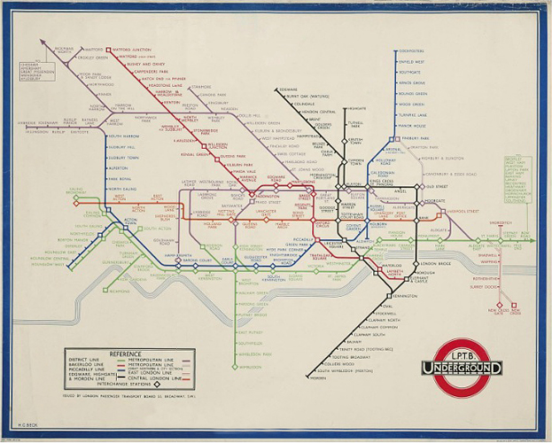 Схема линий лондонского метро. 1933 год. Художник Гарри Бек.