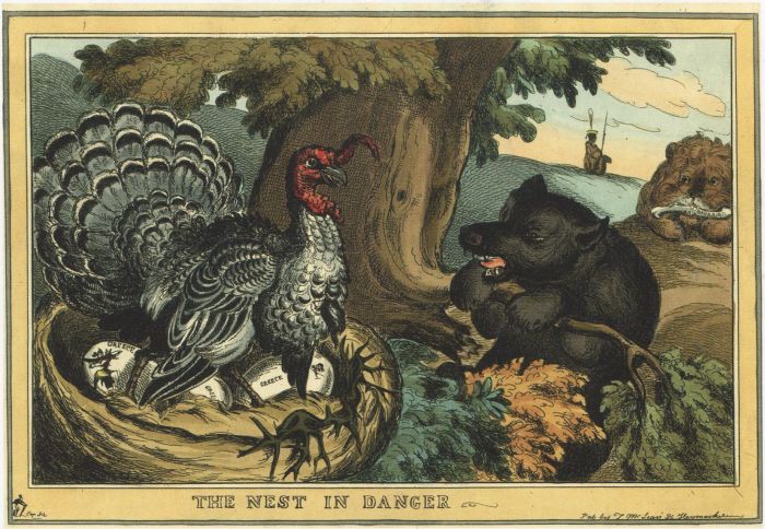 Уильям Хит. Гнездо в опасности. Сентябрь 1828. Русский медведь посягает на греческие яйца Турецкой индюшки.