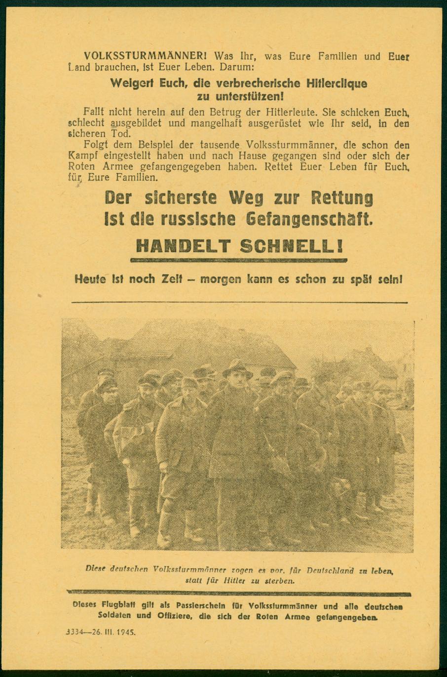 Листовка рассказывает немецким солдатам о фольксштурме - Гитлер гонит в бой последние резервы - инвалидов, стариков, детей