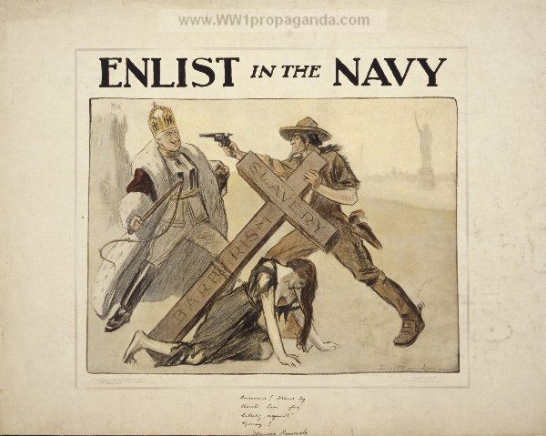 Записывайся во флот! (надписи на кресте, который кайзер хочет взвалить на Европу - рабство и варварство