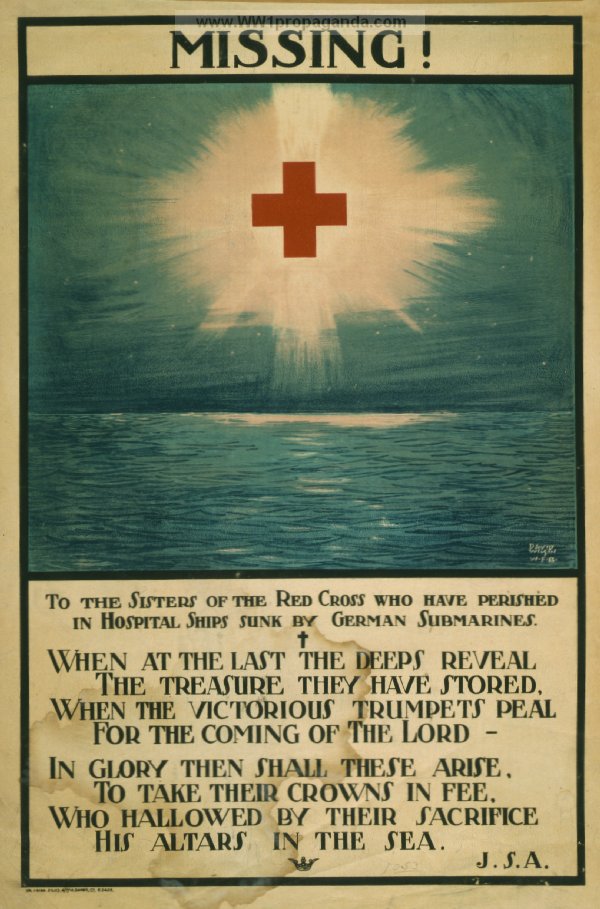Плакат посвящен сестрам милосердия, погибшим на госпитальных судах, потопленных германскими субмаринами