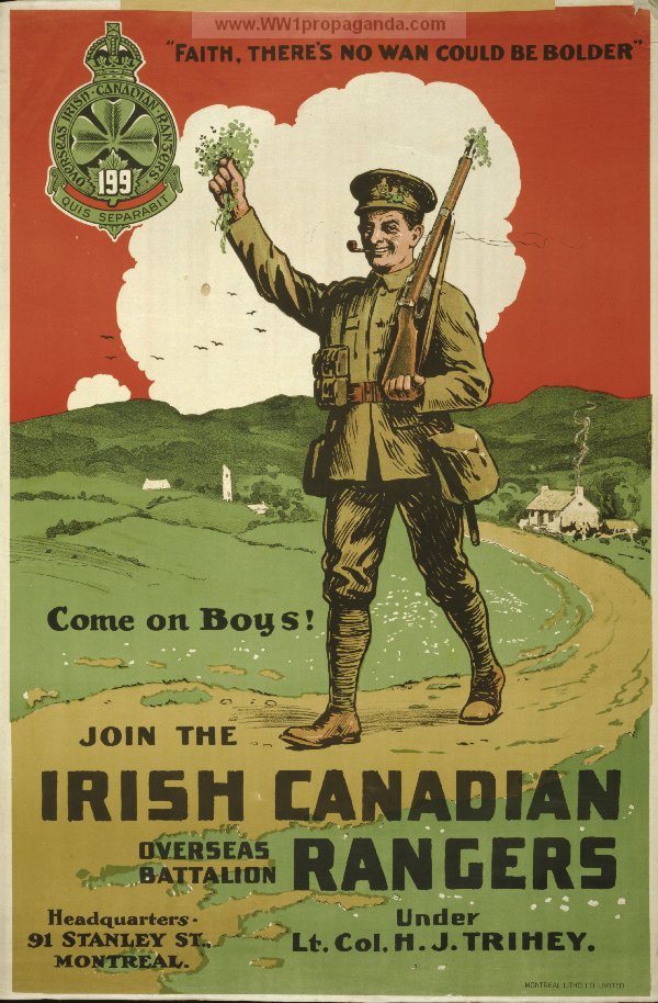 Призыв вступать  в батальон ирландских канадских рейнджеров (в Канаде в то время жило немало ирландцев)