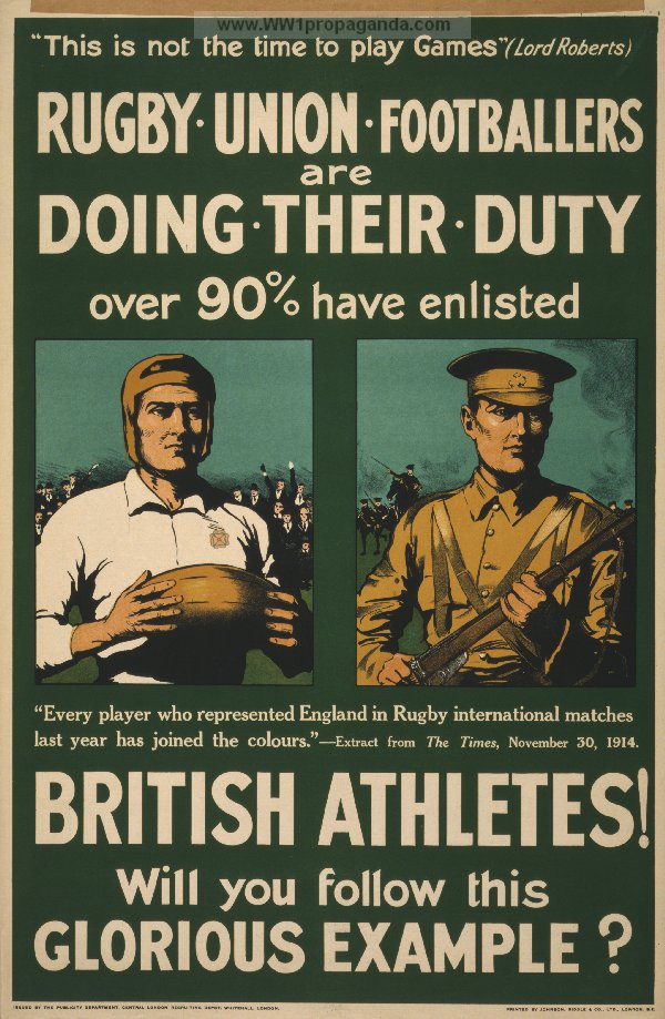 Союз регбистов следует долгу. 90 процентов уже записались в армию. Британские атлеты! Когда последуете этому славному примеру?
