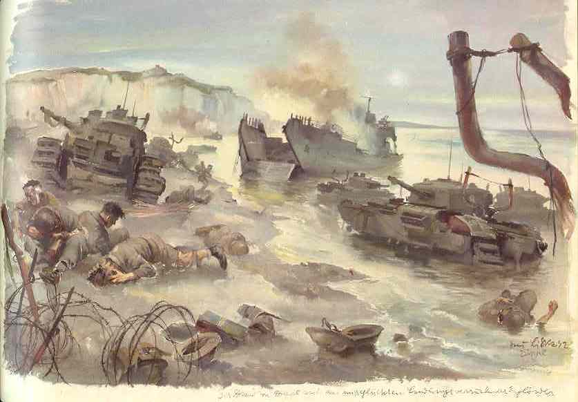 Дьеп. Самая странная операция британцев за всю Вторую мировую - попытка высадить десант и захватить французский порт Дьеп, предпринятая 19 августа 1942 года. Результат операции, запечатленный на этой картине был легко предсказуем и неизбежен.