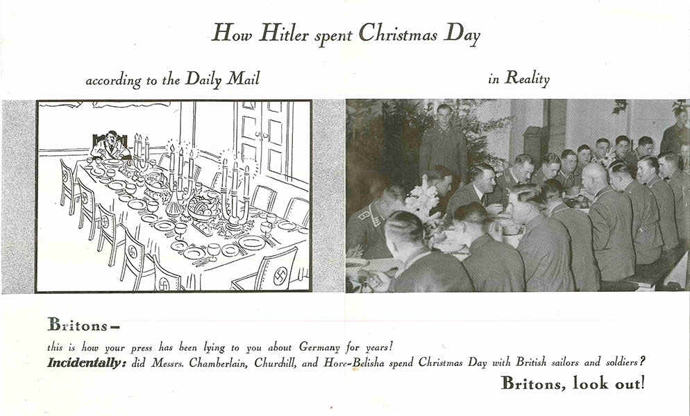 Как Гитлер встретил Рождество. Слева - карикатура из Daily Mail, справа - рождественское застолье в реальности - Гитлер отмечает праздник в компании своих солдат.