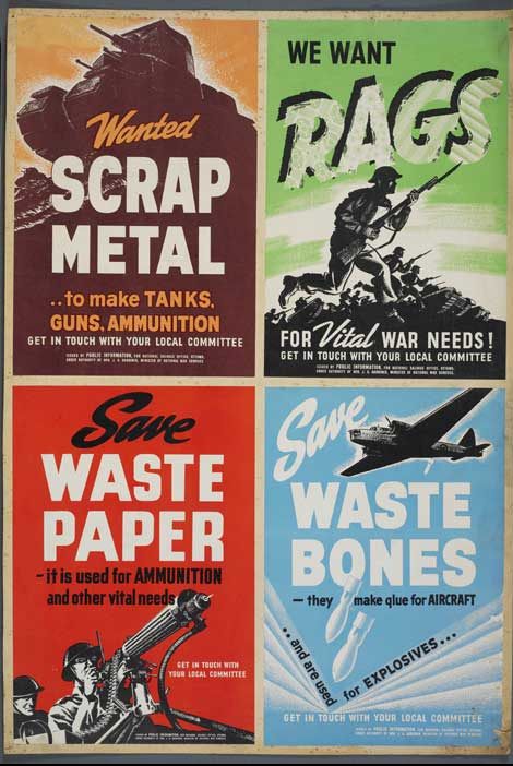 Плакаты, призывающие собирать металлолом, не выбрасывать тряпки и использованную бумагу а также кости (из костей делают клей для самолётов)