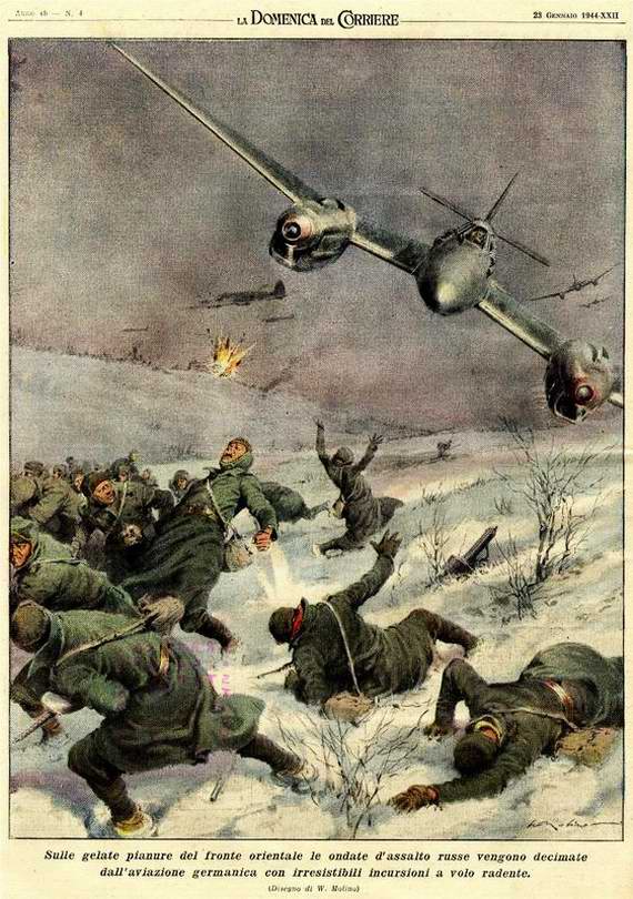Тяжелые истребители Ме-110 уничтожают походную колонну солдат Красной Армии