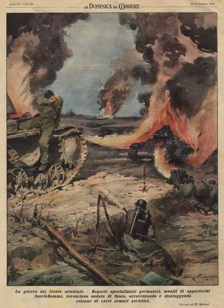 Спецподразделение немецких огнеметчиков сжигает колонну советских танков