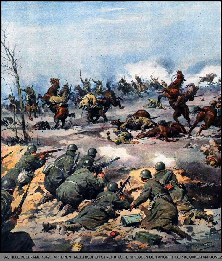Итальянские солдаты храбро отражают атаку конного подразделения Красной Армии возле реки Северский Донец