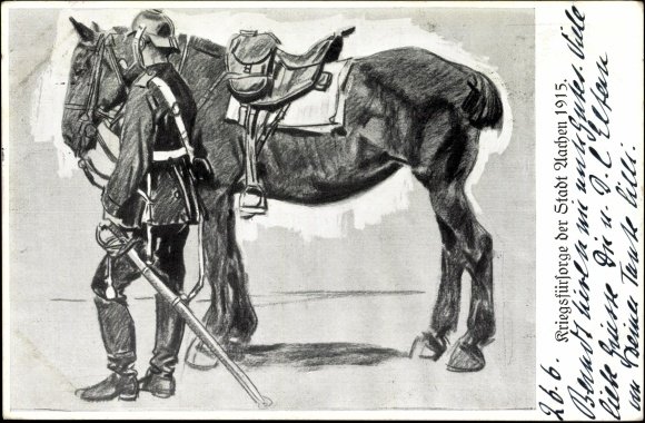 Солдат в военной форме, возле своей лошади.