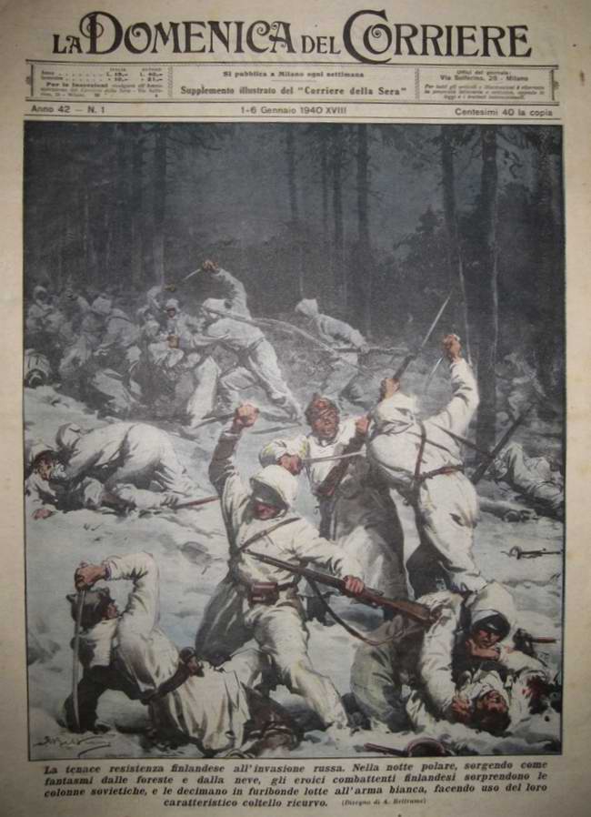 Специальные отряды финских солдат осуществляют бесшумное нападение на колонну войск Красной Армии с применением штыков и ножей