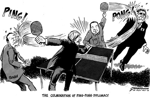 На карикатуре слева от удара американской ракетки отлетает руководитель Тайваня, справа – от удара китайской ракетки отлетает Брежнев