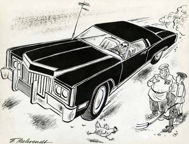 На современном скоростном автомобиле Леонид может очень быстро эвакуироваться в капиталистический ад в случае возникновения для него каких-либо угроз внутри страны (1973 год)