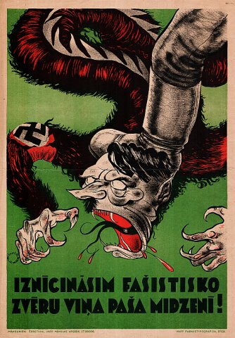 Художники – Гунарс Виндедзис, Арвид Черневскис. 1945 год. «Уничтожим фашистского зверя в его собственной берлоге!»