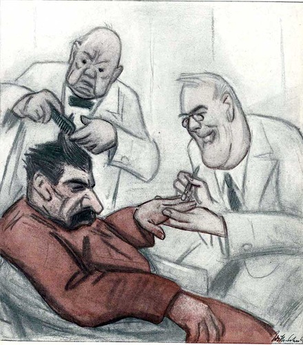 14.04.1943. В англо-американском салоне красоты. — «Как нравится тебе маленький локон на лбу Сталина?» - «Очень симпатично! А я пока буду делать ему маникюр!»