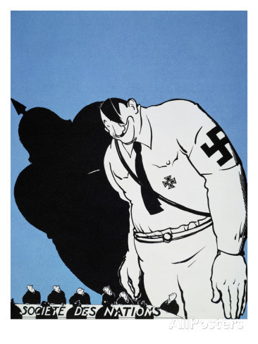 Французская карикатура 1935 г. Огромный Гитлер над крошечной Лигой Наций