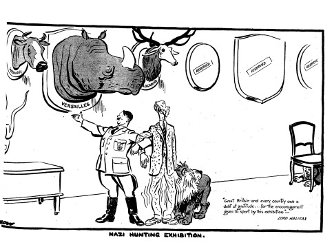 19 ноября 1937 г. худ. Дэвид Лоу. Выставка германский охотничьих трофеев. Самый большой - нарушенный Версальский договор