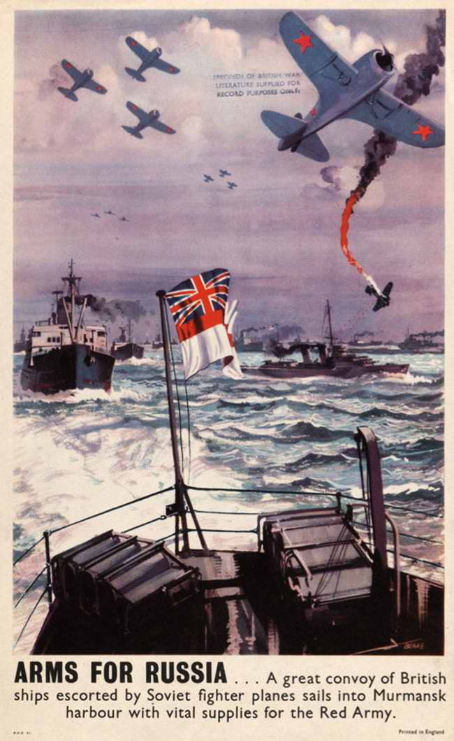 Оружие для России - британский транспортный конвой в сопровождении советских истребителей приближается к гавани Мурманска (Великобритания)